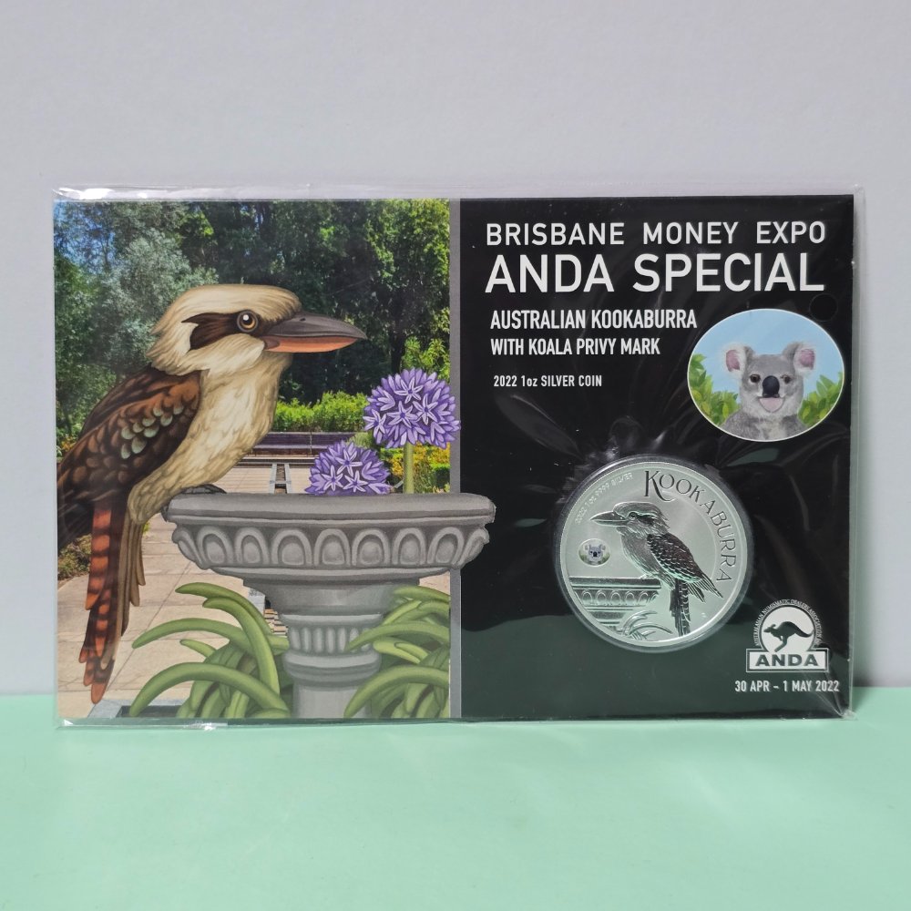 2022 1oz Kookaburra Silver coin struck by The Perth Mint for Brisbane ANDA 30 April - 1 May 2022 front of card