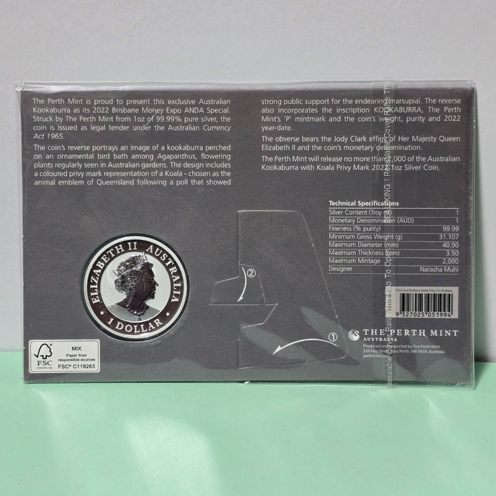 2022 1oz Kookaburra Silver coin struck by The Perth Mint for Brisbane ANDA 30 April - 1 May 2022 back of card