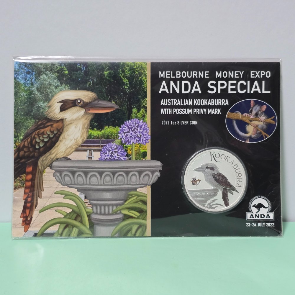 2022 1oz Silver Kookaburra with Possum Privy Mark struck by the Perth Mint for Melbourne ANDA 23-24 July 2022 front of card