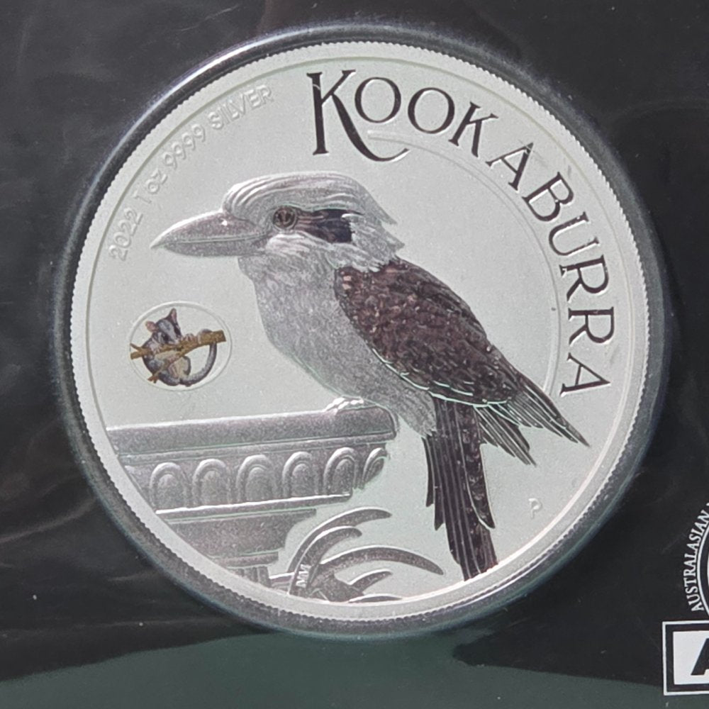 2022 1oz Silver Kookaburra with Possum Privy Mark struck by the Perth Mint for Melbourne ANDA 23-24 July 2022 reverse of coin close up