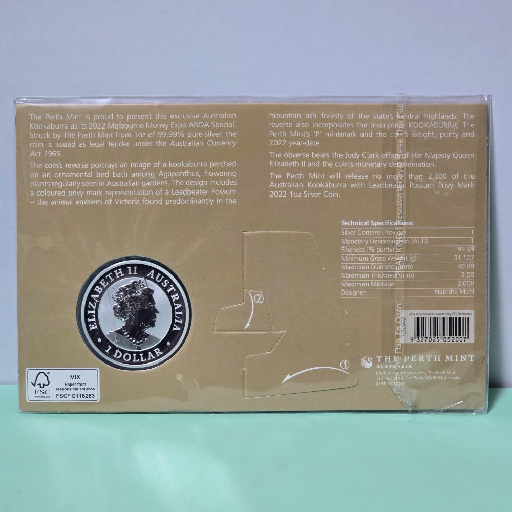 2022 1oz Silver Kookaburra with Possum Privy Mark struck by the Perth Mint for Melbourne ANDA 23-24 July 2022 back of card