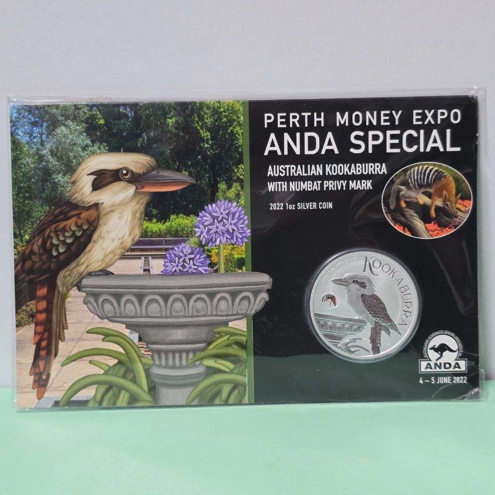 2022 1oz Silver Kookaburra with Numbat Privy Mark Perth ANDA Show Special front of card