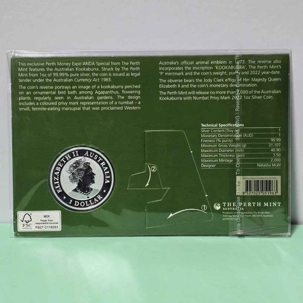 2022 1oz Silver Kookaburra with Numbat Privy Mark Perth ANDA Show Special back of card