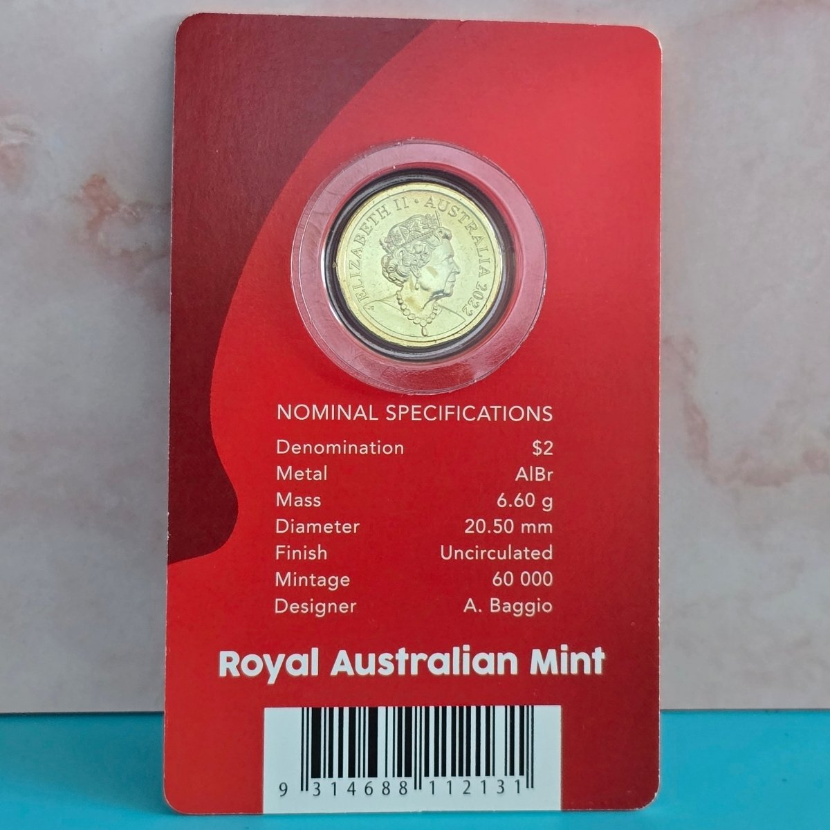 2022 two dollars $2 Remembrance Red Poppy in card - obverse of coin - Queen Elizabeth effigy - nominal specifications on card