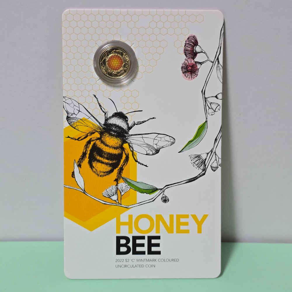 2022 $2 Honey Bee 'C' Mintmark Coloured Uncirculated Coin card front