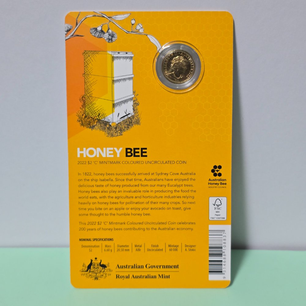 2022 $2 Honey Bee 'C' Mintmark Coloured Uncirculated Coin card back