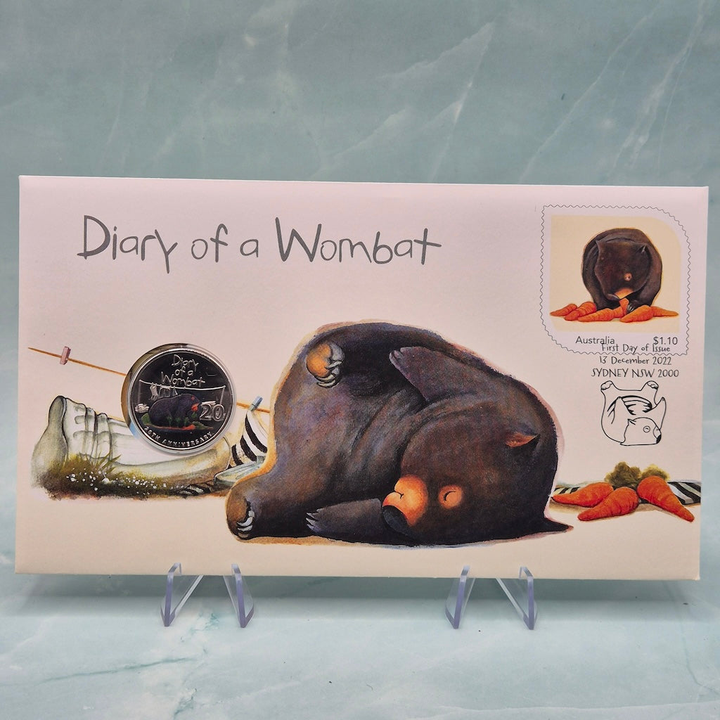 2022 20c Diary of a Wombat PNC Front cover - reverse of coin - wombat illustrations coin, stamp, envelope and postmark