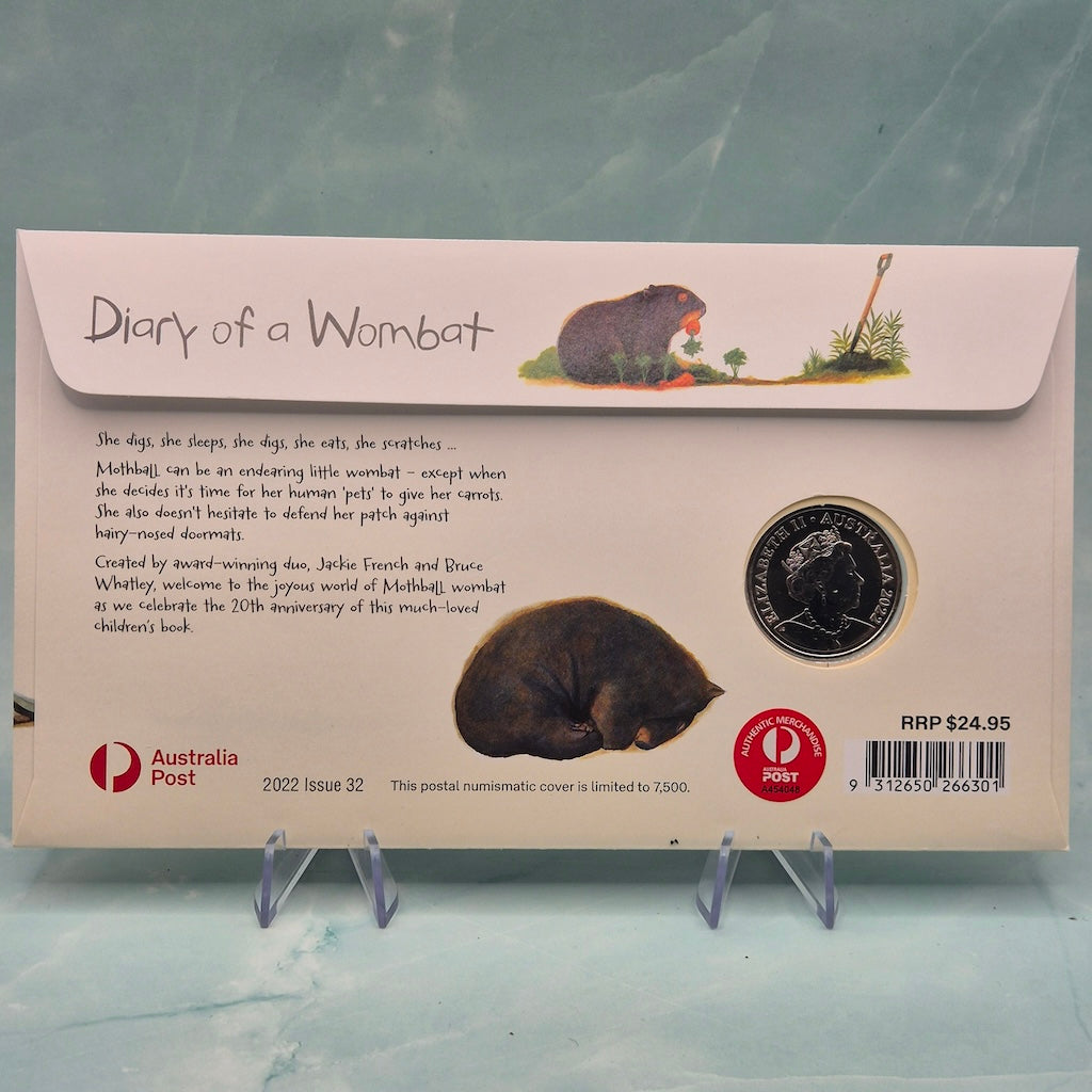 Back of 2022 20c Diary of a Wombat PNC - obverse coin - illustrations and information about 'Mothball'