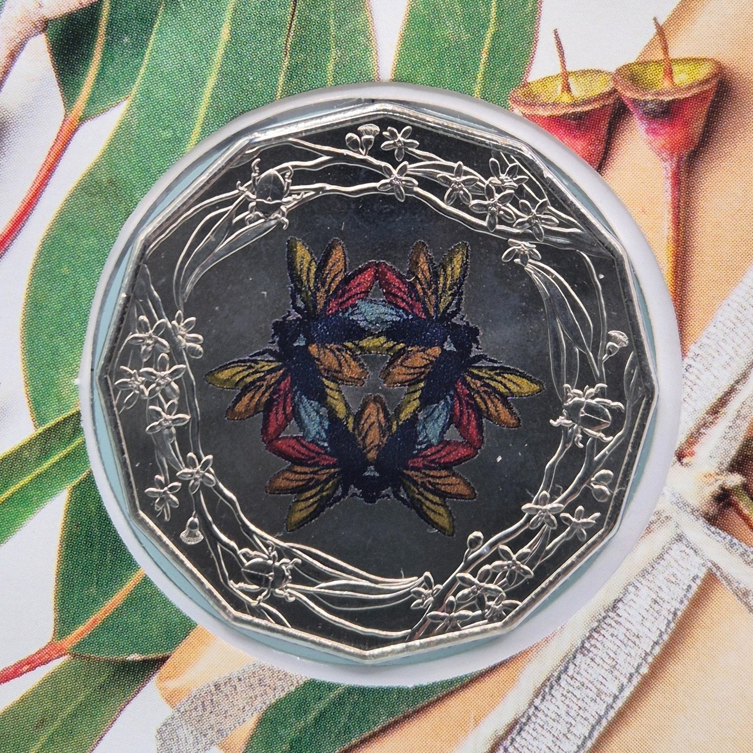 2022 50c Christmas in Australia coloured uncirculated coin featuring christmas beetles - reverse