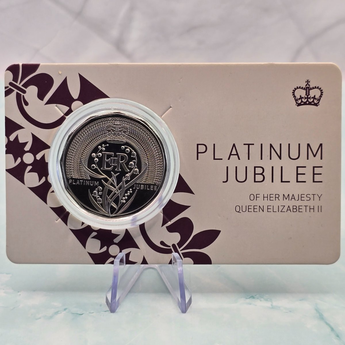 2022 50c Platinum Jubilee of Her Majesty Queen Elizabeth II small carded coin struck by the Royal Australian Mint front