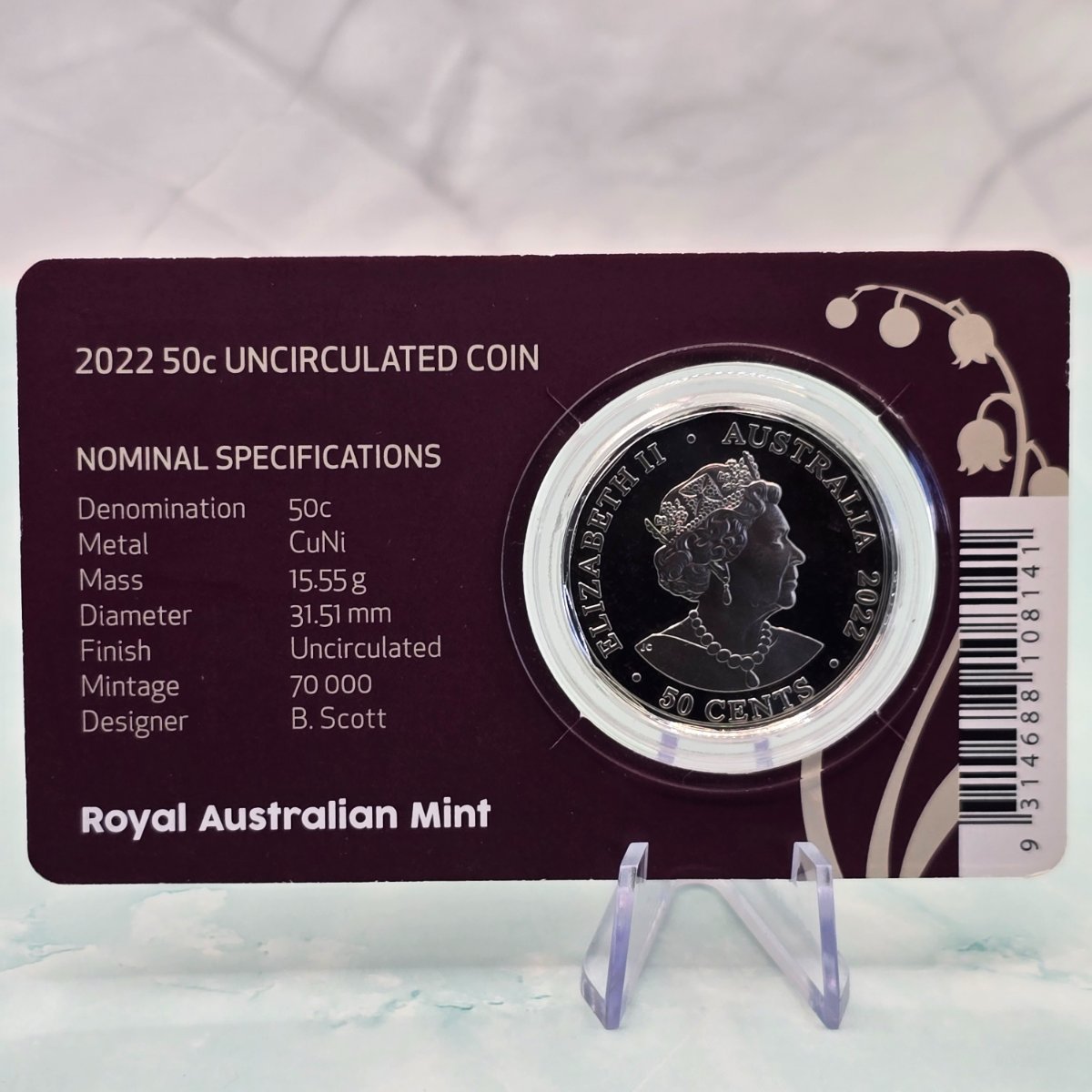 2022 50c Platinum Jubilee of Her Majesty Queen Elizabeth II small carded coin struck by the Royal Australian Mint back of card with specifications