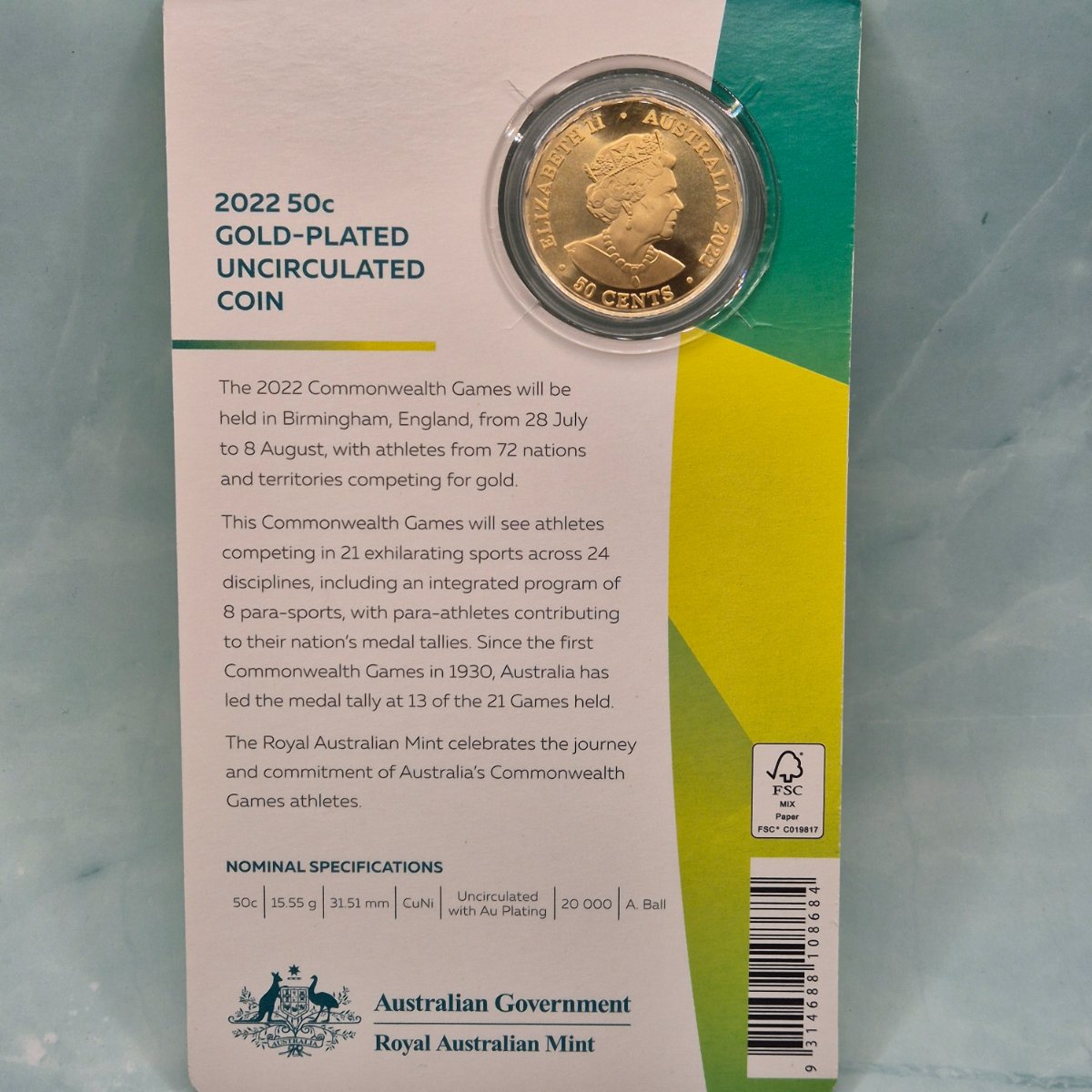 2022 Gold Plated 50c coin commemorating the Australian Commonwealth Games Team that competed in Birmingham on card