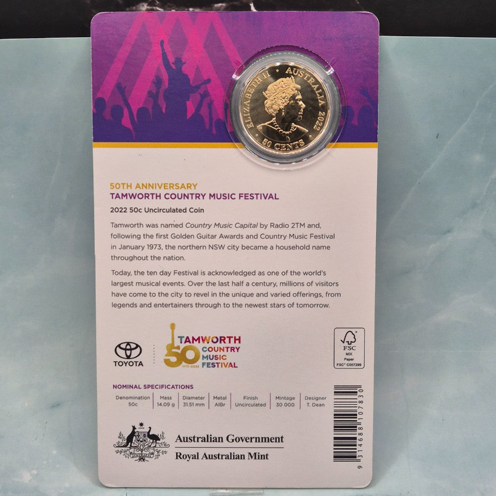 2022 50th Anniversary of Tamworth Country Music Festival carded gold plated coin obverse