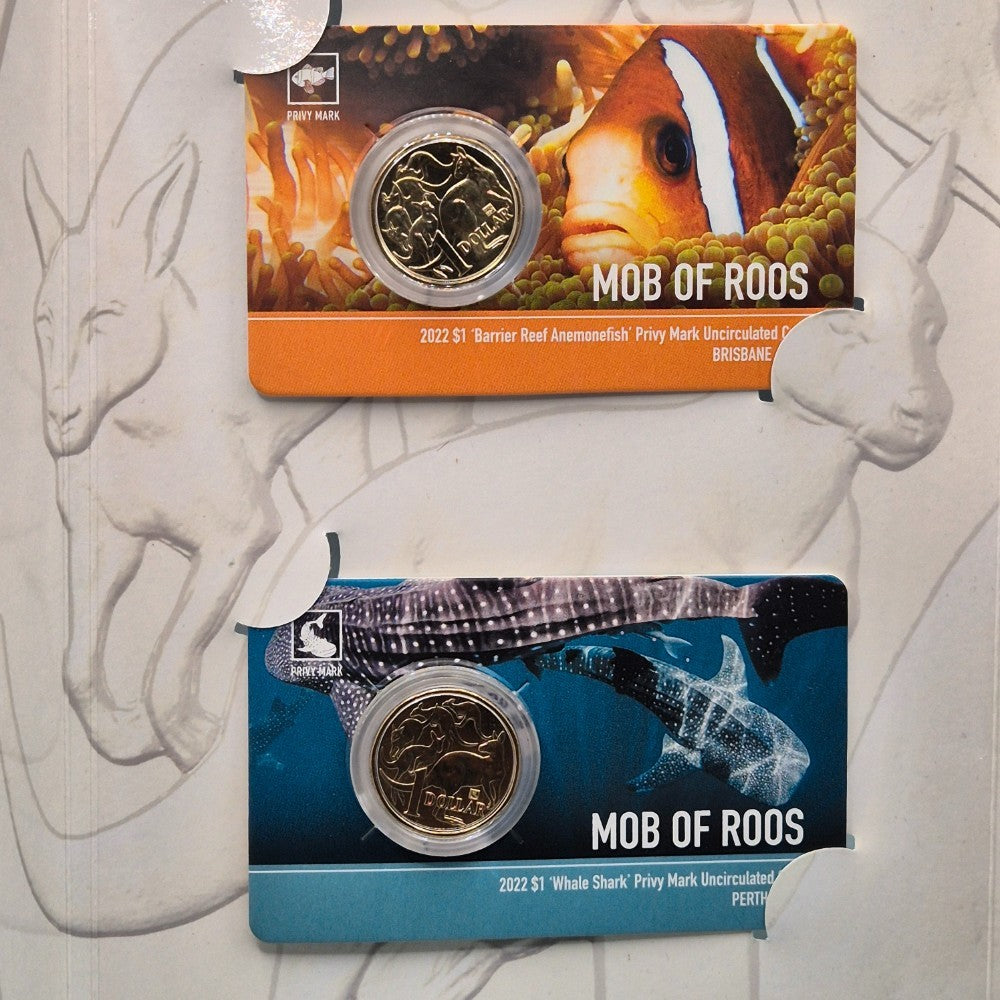 2021 ANDA One Dollar Privy Mark Coins in Folder Brisbane Barrier Reef Anemonefish and Perth Whale Shark