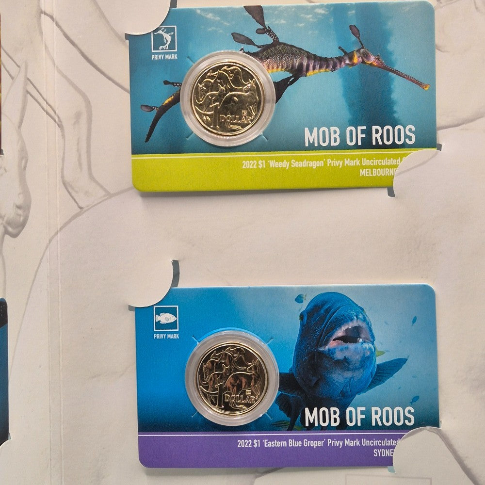 2022 ANDA One Dollar Privy Mark Coins in Folder Melbourne Weedy Seadragon and Sydney Eastern Blue Groper