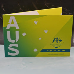 Seven coin Commonwealth Games Birmingham collection folder with 'AUS' - kangaroo and emu emblem on a green and yellow background