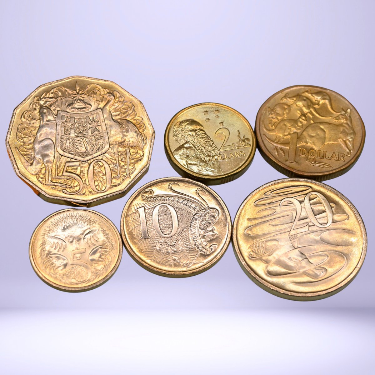 2022 Dino Discovery Egg - Five, Ten, Twenty and Fifty Cents, One and Two Dollar coins - Australian Coins - close up - reverse