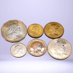 2022 Dino Discovery Egg - Five, Ten, Twenty and Fifty Cents, One and Two Dollar coins - Australian coins - close up - obverse