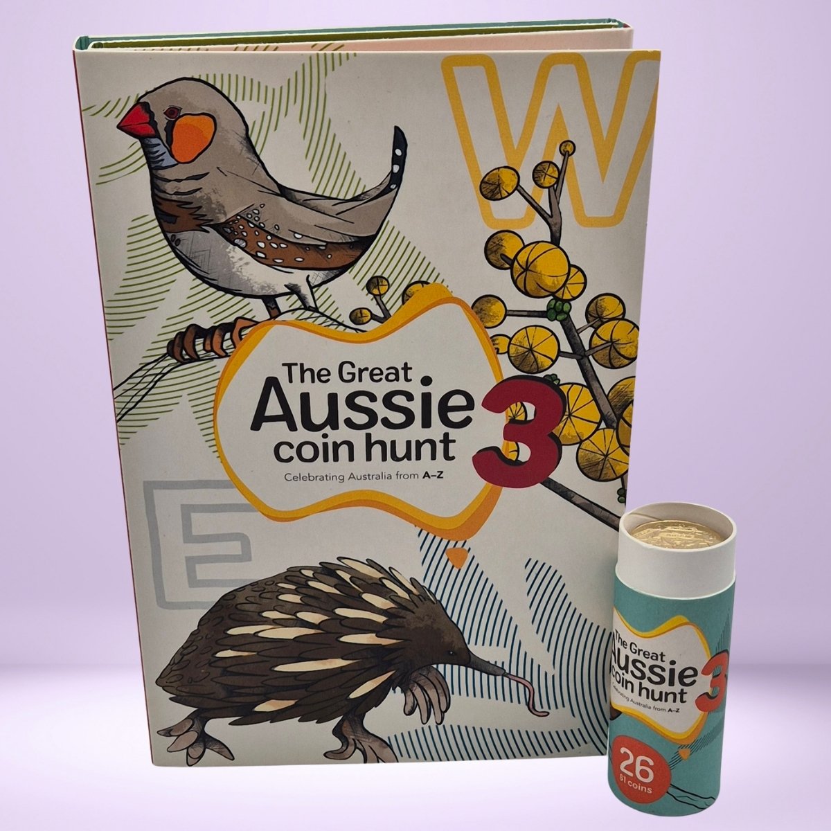 2022 'The Great Aussie Coin Hunt 3' Folder front cover with a small cylindrical container containing coins