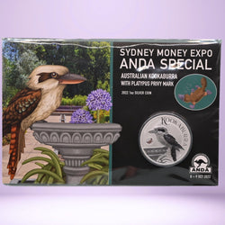 2022 1oz Silver Sydney Money Expo ANDA Special coin packaging and coin with Kookaburra design Platypus privy mark - reverse