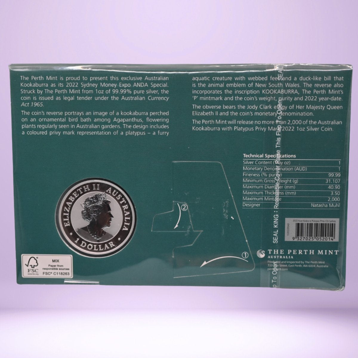 Back of 2022 1oz Silver Sydney Money Expo ANDA Special coin packaging - obverse coin shown