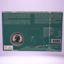 Back of 2022 1oz Silver Sydney Money Expo ANDA Special coin packaging - obverse coin shown