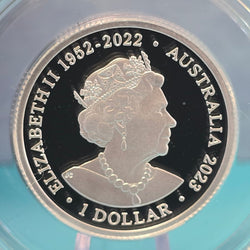 Silver coin with a portrait of Elizabeth II memorial effigy with years 1952-2022 and text indicating the year of issue 2023, Australian coin - obverse side