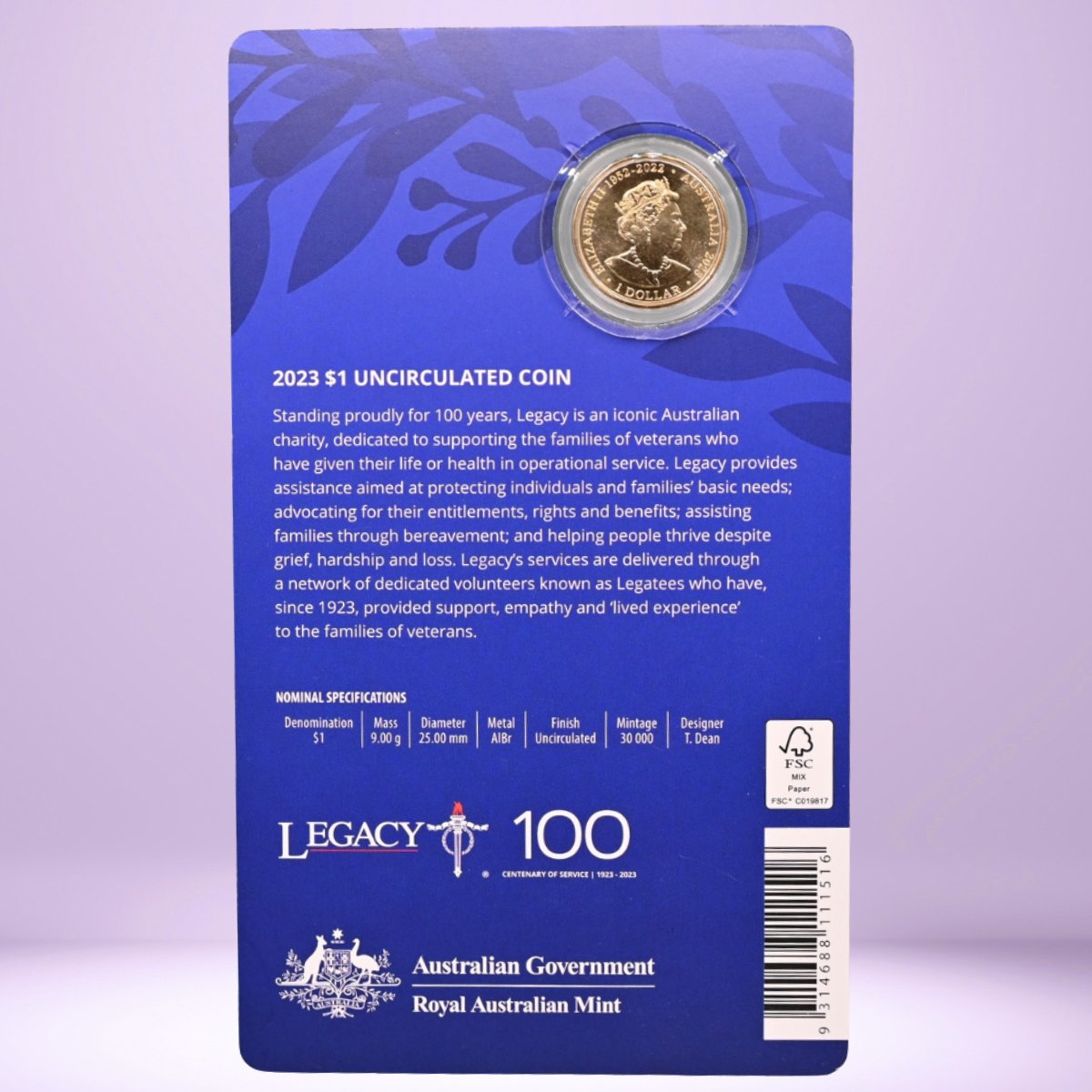 2023 $1 Centenary of Legacy card with informational text and nominal specifications - obverse shown