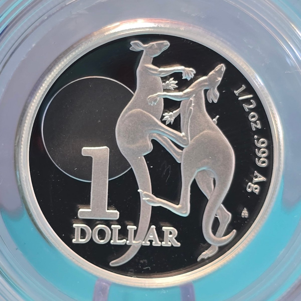 Silver coin with kangaroo design and '1 Dollar' '1/2oz .999 Ag' text 2023 Fighting Spirit - reverse side