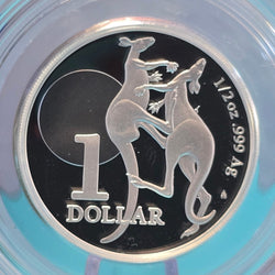 Silver coin with kangaroo design and '1 Dollar' '1/2oz .999 Ag' text 2023 Fighting Spirit - reverse side