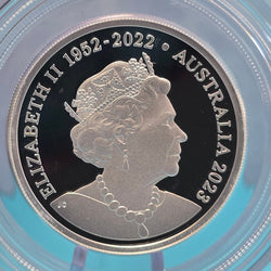 Silver coin with a profile of Queen Elizabeth Memorial Effigy and text 'Elizabeth II 1952-2022 Australia 2023'