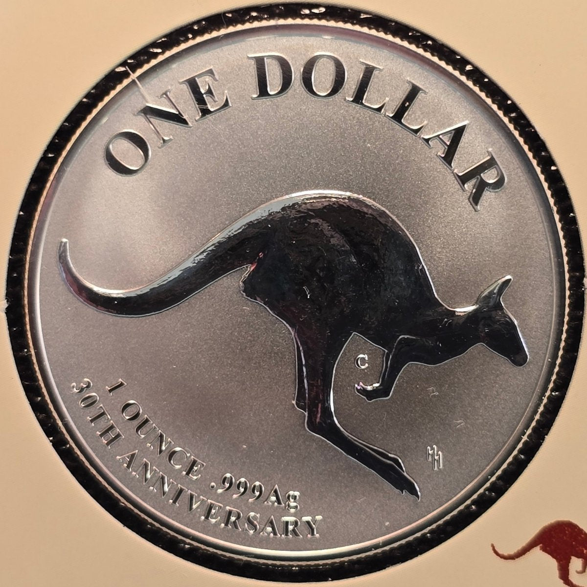 2023 Mob of Thirty Frosted Uncirculated Silver coin - kangaroo design - 'One Dollar - 1 ounce .999Ag - 30th Anniversary' text