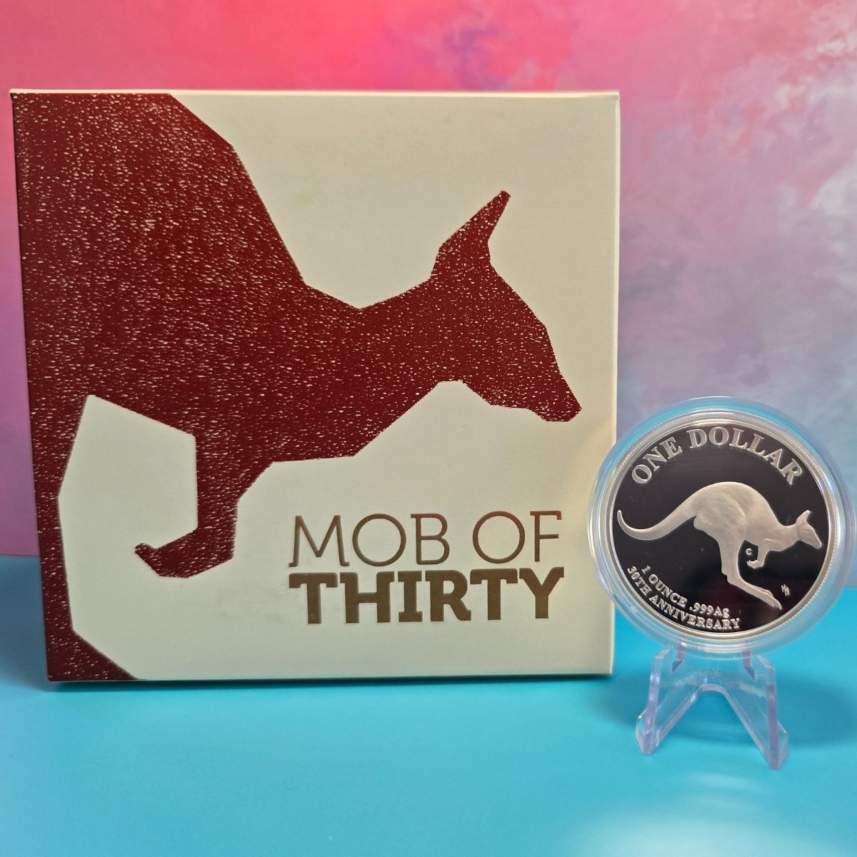 2023 $1 'C' Mintmark silver proof coin with kangaroo design and 'MOB OF THIRTY' packaging