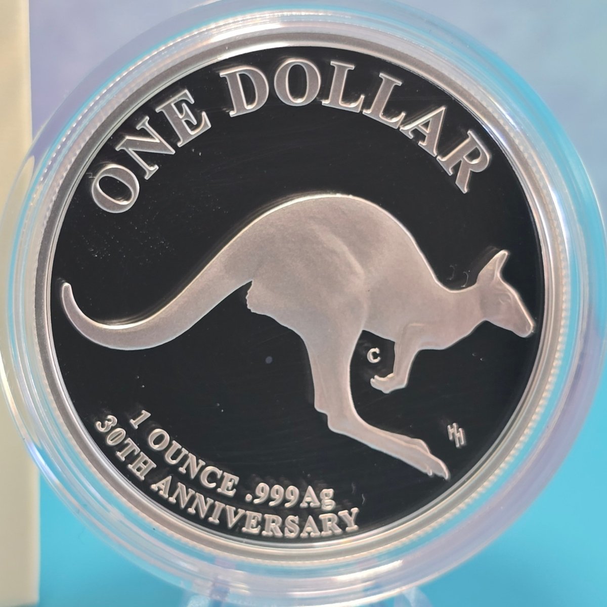 2023 $1 'C' Mintmark Mob of Thirty silver proof coin with kangaroo design and 'One Dollar - 1 ounce .999 Ag - 30th Anniversary' text