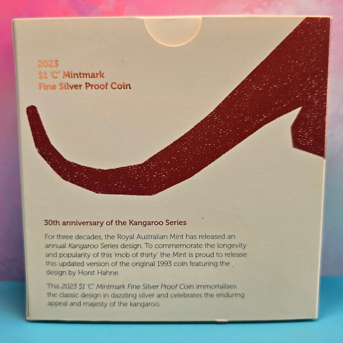 Packaging for 2023 $1 'C' Mintmark Fine Silver Proof Coin with kangaroo design