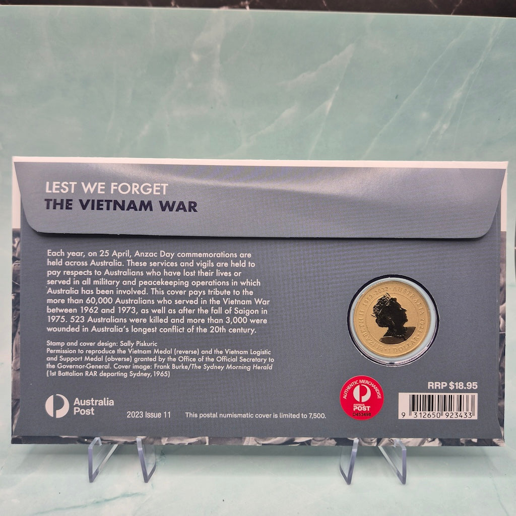 2023 $1 Perth Mint Lest We Forget The Vietnam War PNC back cover and obverse of coin