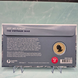 2023 $1 Perth Mint Lest We Forget The Vietnam War PNC back cover and obverse of coin