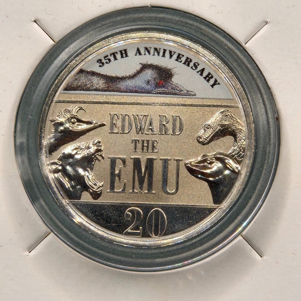 2023 20c Edward the Emu 35th Anniversary carded coin coloured reverse