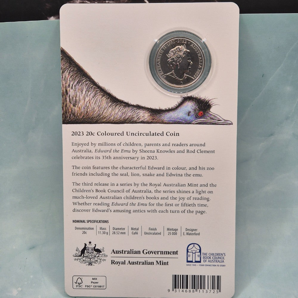 2023 20c Edward the Emu 35th Anniversary carded coin back of card with specifications