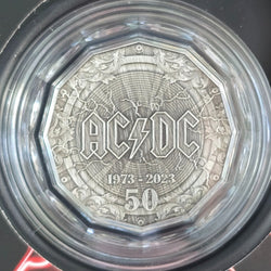 2023 50c Silver AC/DC antiqued finish coin with '1973-2023 50' text in a protective case - reverse