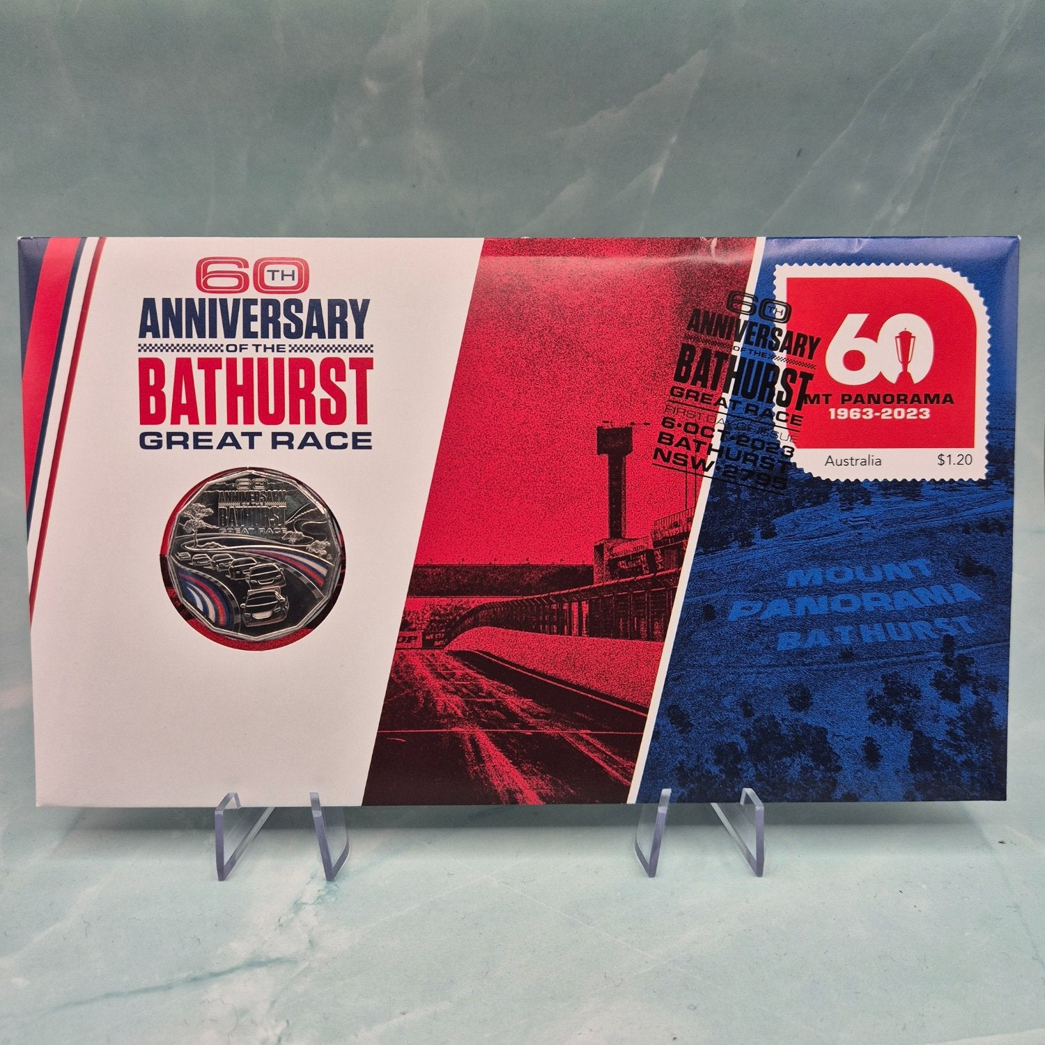 Front of 2023 50c 60th Anniversary of the Bathurst Great Race PNC - coloured Australian Fifty Cents - reverse