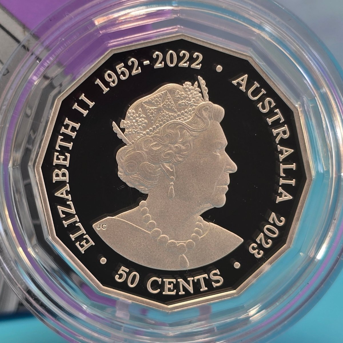 2023 50c silver coin with memorial portrait and 'Elizabeth II 1952-2022 - Australia 2023 - 50 Cents' text