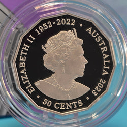 2023 50c silver coin with memorial portrait and 'Elizabeth II 1952-2022 - Australia 2023 - 50 Cents' text