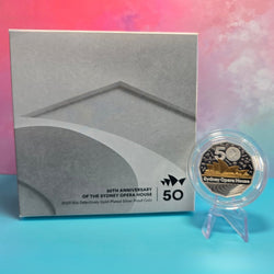 2023 50c Sydney Opera House selectively gold-plated silver proof coin with packaging on a colorful background