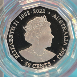 2023 50c Silver Sydney Opera House coin with a portrait of Elizabeth II memorial effigy, encased in clear protective holder - obverse side