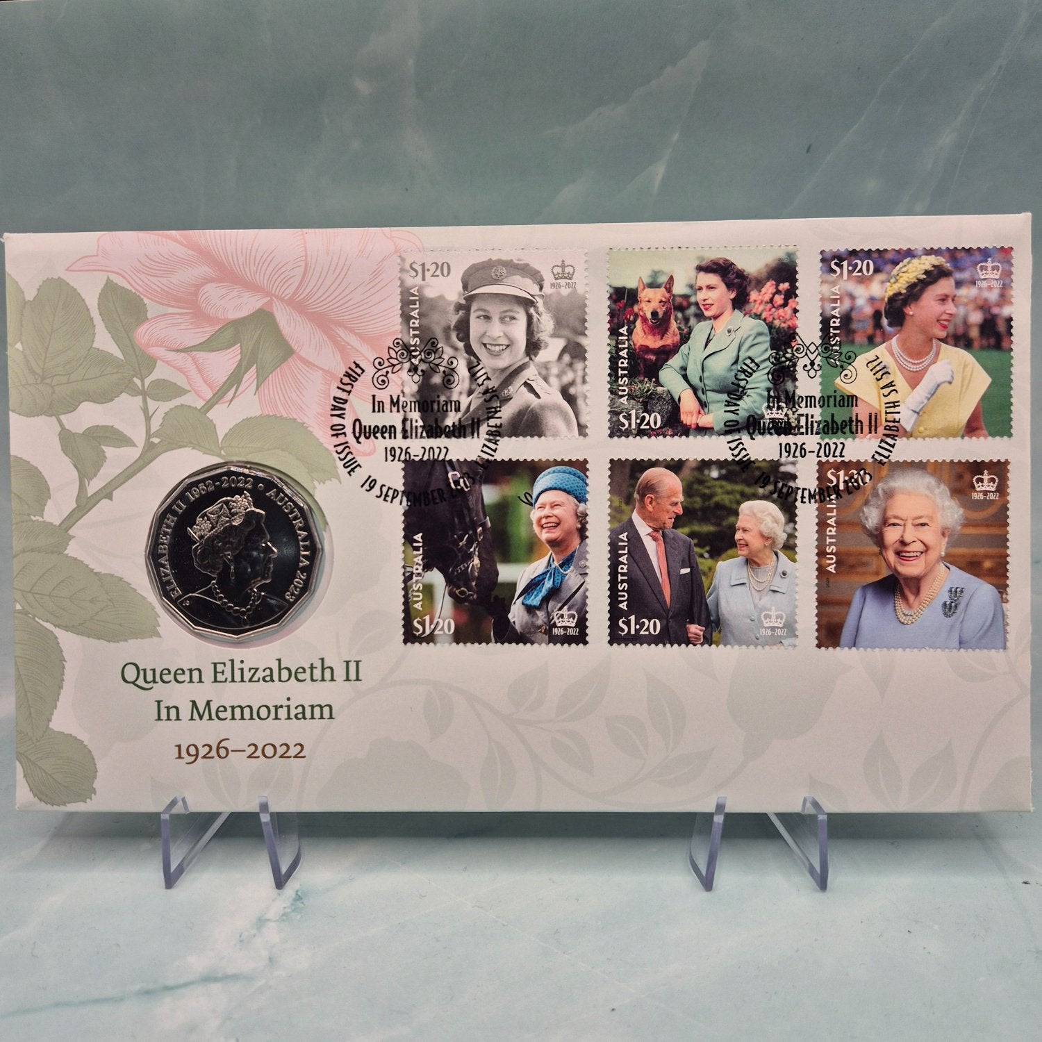 2023 50c Queen Elizabeth II In Memoriam 1926-2022 PNC with stamps of QEII throughout her reign