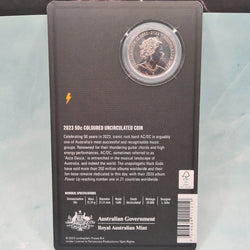 2023 50c AC/DC coin with information text and nominal specifications - obverse