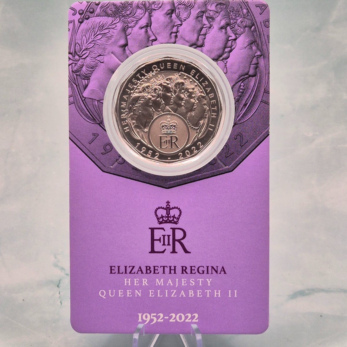 2023 50c EIIR Her Majesty Queen Elizabeth II Memorial commemorative coin in a purple card