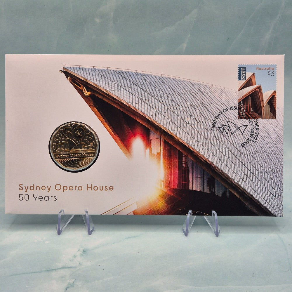 2023 50c Sydney Opera House PNC with gold plated 50c coin front cover