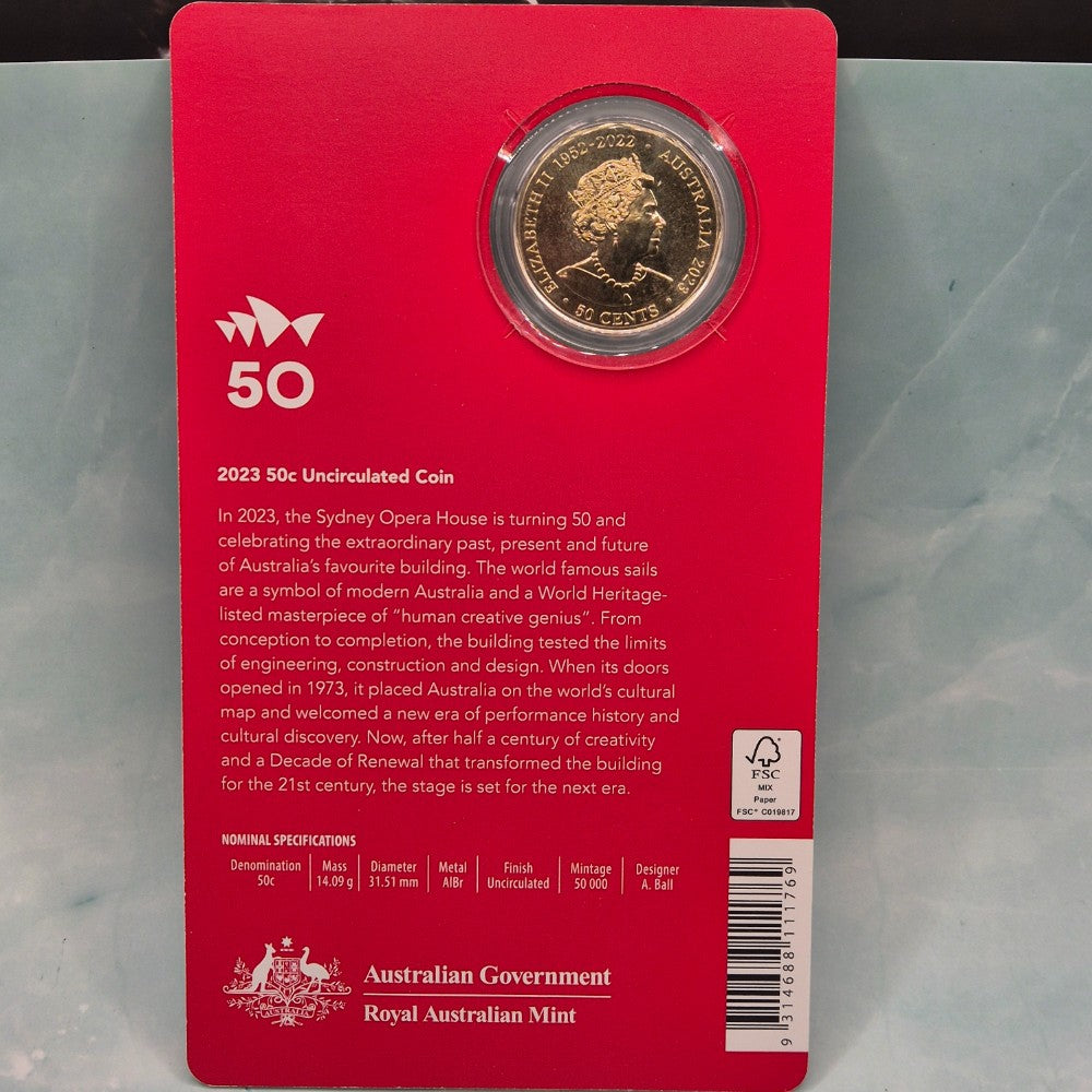 2023 50c Sydney Opera House 50th Anniversary Uncirculated Coin Royal Australian Mint back of card with specifications